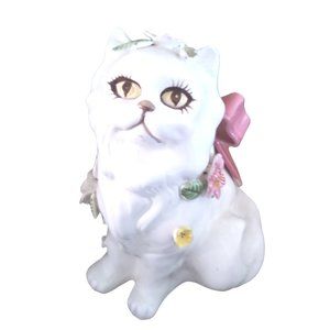 VINTAGE Porcelain White Cat with Beautiful Eyes Pink Bow &Flowers by Artist Gift